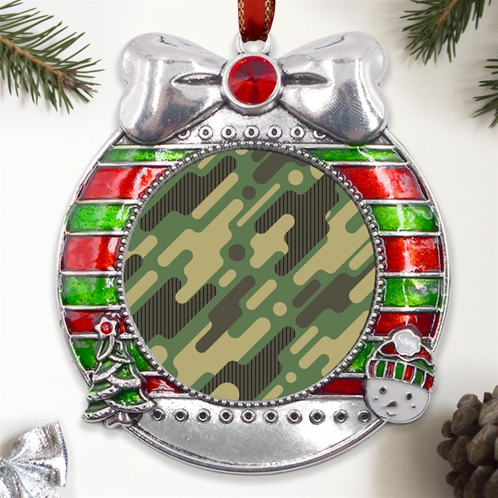 Camouflage Pattern Background Metal X Mas Ribbon With Red Crystal Round Ornament