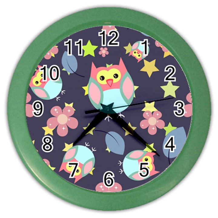 Owl Stars Pattern Background Color Wall Clock