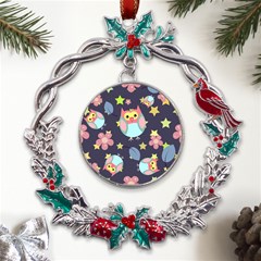 Owl Stars Pattern Background Metal X mas Wreath Holly Leaf Ornament by Grandong