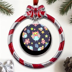 Owl Stars Pattern Background Metal Red Ribbon Round Ornament by Grandong