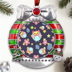 Owl Stars Pattern Background Metal X mas Ribbon With Red Crystal Round Ornament by Grandong