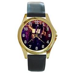 Tardis Regeneration Art Doctor Who Paint Purple Sci Fi Space Star Time Machine Round Gold Metal Watch by Cemarart