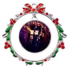 Tardis Regeneration Art Doctor Who Paint Purple Sci Fi Space Star Time Machine Metal X mas Wreath Ribbon Ornament by Cemarart