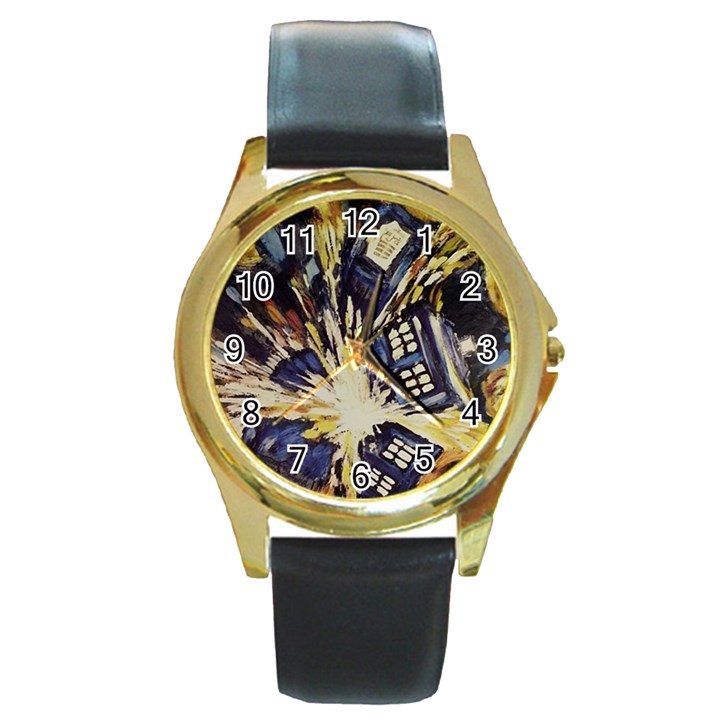 Tardis Doctor Who Pattern Round Gold Metal Watch