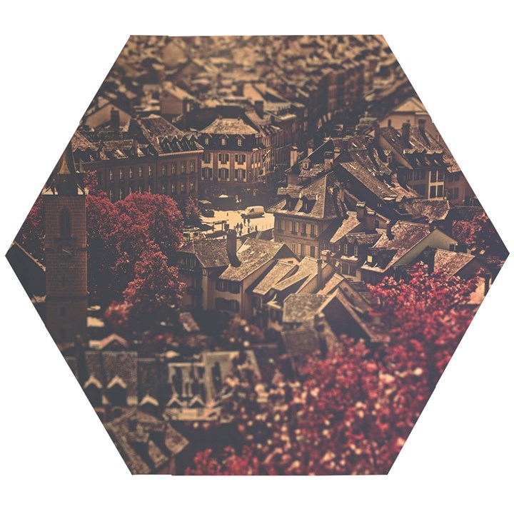 Vintage Cityscape City Retro Old Wooden Puzzle Hexagon