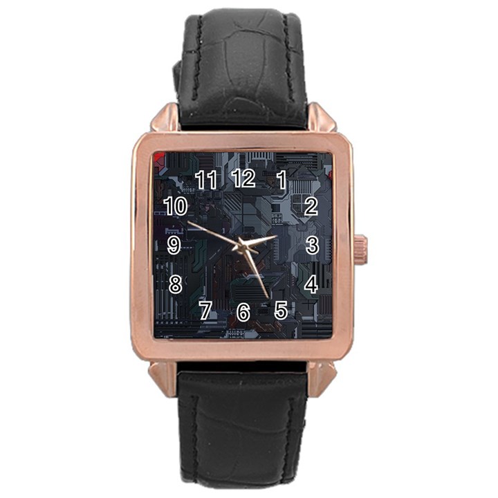 Abstract Tech Computer Motherboard Technology Rose Gold Leather Watch 