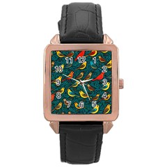 Bird Pattern Colorful Rose Gold Leather Watch  by Cemarart