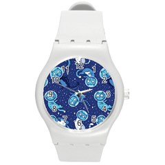 Cat Astronaut Space Suit Pattern Round Plastic Sport Watch (m) by Cemarart