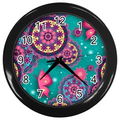 Floral Pattern Abstract Colorful Flow Oriental Spring Summer Wall Clock (black) by Cemarart