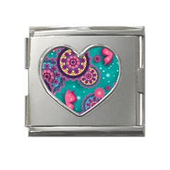 Floral Pattern Abstract Colorful Flow Oriental Spring Summer Mega Link Heart Italian Charm (18mm) by Cemarart