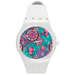 Floral Pattern Abstract Colorful Flow Oriental Spring Summer Round Plastic Sport Watch (m) by Cemarart