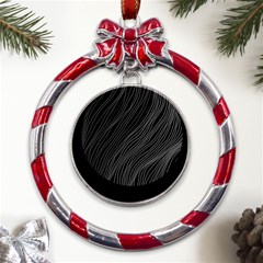 Abstract Art Black White Drawing Lines Unique Metal Red Ribbon Round Ornament by Cemarart