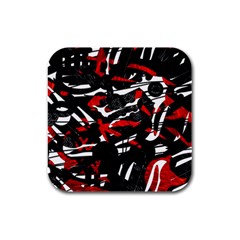 Shape Line Red Black Abstraction Rubber Square Coaster (4 Pack) by Cemarart