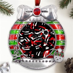 Shape Line Red Black Abstraction Metal X mas Ribbon With Red Crystal Round Ornament by Cemarart