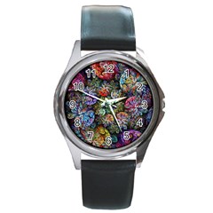 Floral Fractal 3d Art Pattern Round Metal Watch by Cemarart