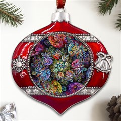 Floral Fractal 3d Art Pattern Metal Snowflake And Bell Red Ornament by Cemarart