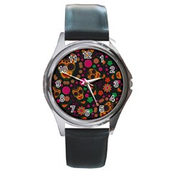 Skull Colorful Floral Flower Head Round Metal Watch by Cemarart