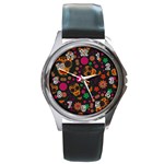 Skull Colorful Floral Flower Head Round Metal Watch Front