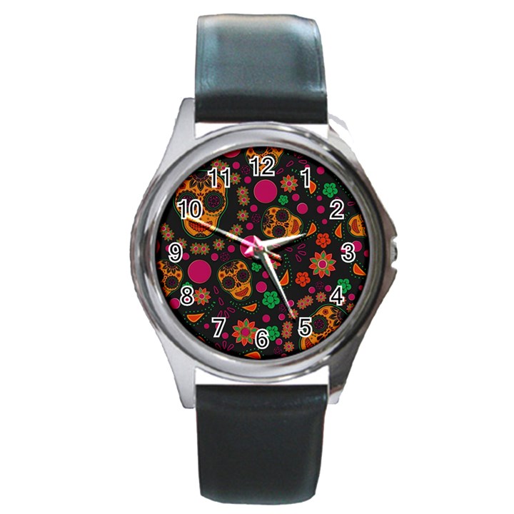 Skull Colorful Floral Flower Head Round Metal Watch