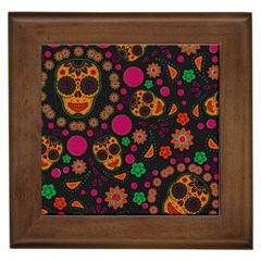 Skull Colorful Floral Flower Head Framed Tile by Cemarart