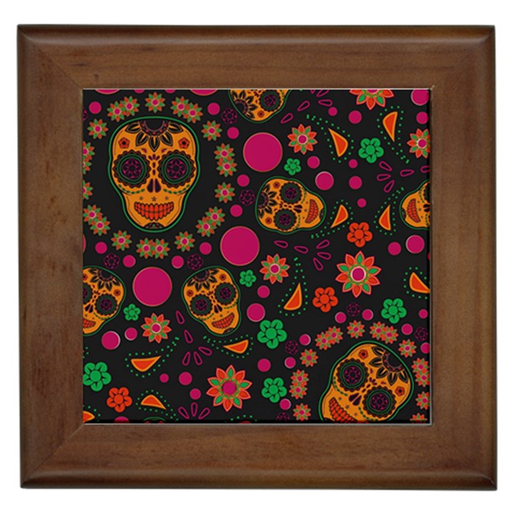 Skull Colorful Floral Flower Head Framed Tile