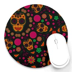 Skull Colorful Floral Flower Head Round Mousepad by Cemarart