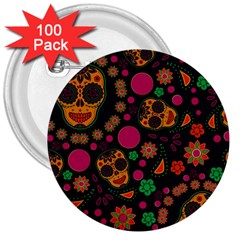 Skull Colorful Floral Flower Head 3  Buttons (100 Pack)  by Cemarart