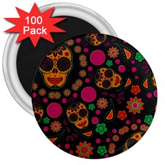 Skull Colorful Floral Flower Head 3  Magnets (100 Pack) by Cemarart