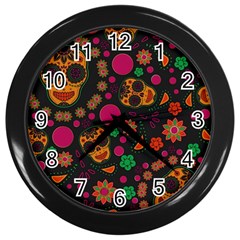 Skull Colorful Floral Flower Head Wall Clock (black) by Cemarart