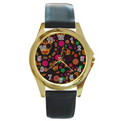 Skull Colorful Floral Flower Head Round Gold Metal Watch by Cemarart