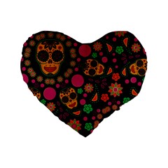 Skull Colorful Floral Flower Head Standard 16  Premium Heart Shape Cushions by Cemarart