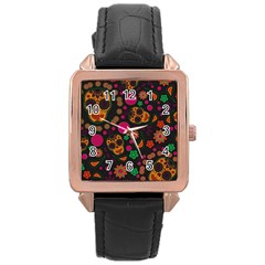 Skull Colorful Floral Flower Head Rose Gold Leather Watch  by Cemarart