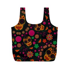 Skull Colorful Floral Flower Head Full Print Recycle Bag (m) by Cemarart