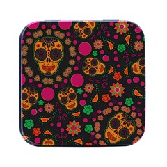 Skull Colorful Floral Flower Head Square Metal Box (black) by Cemarart