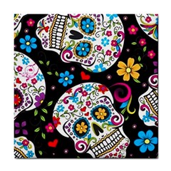 Sugar Skull Black Olorful Flower Tile Coaster by Cemarart