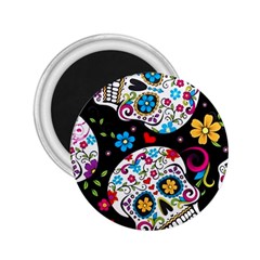 Sugar Skull Black Olorful Flower 2 25  Magnets by Cemarart