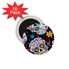 Sugar Skull Black Olorful Flower 1 75  Magnets (10 Pack)  by Cemarart