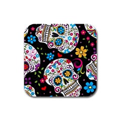 Sugar Skull Black Olorful Flower Rubber Square Coaster (4 Pack) by Cemarart