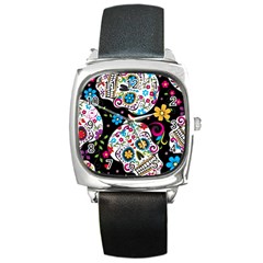 Sugar Skull Black Olorful Flower Square Metal Watch by Cemarart