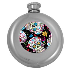 Sugar Skull Black Olorful Flower Round Hip Flask (5 Oz) by Cemarart