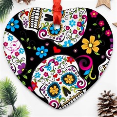 Sugar Skull Black Olorful Flower Heart Ornament (two Sides) by Cemarart