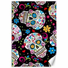 Sugar Skull Black Olorful Flower Canvas 12  X 18  by Cemarart