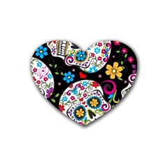 Sugar Skull Black Olorful Flower Rubber Coaster (heart) by Cemarart