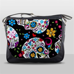 Sugar Skull Black Olorful Flower Messenger Bag by Cemarart