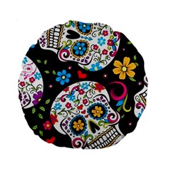 Sugar Skull Black Olorful Flower Standard 15  Premium Round Cushions by Cemarart