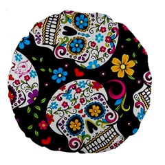 Sugar Skull Black Olorful Flower Large 18  Premium Round Cushions by Cemarart