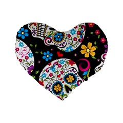 Sugar Skull Black Olorful Flower Standard 16  Premium Heart Shape Cushions by Cemarart