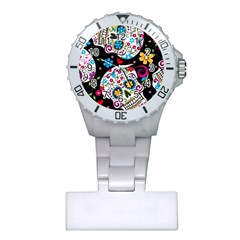 Sugar Skull Black Olorful Flower Plastic Nurses Watch by Cemarart