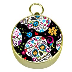 Sugar Skull Black Olorful Flower Gold Compasses by Cemarart