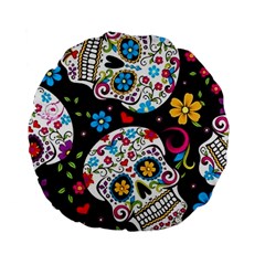 Sugar Skull Black Olorful Flower Standard 15  Premium Flano Round Cushions by Cemarart